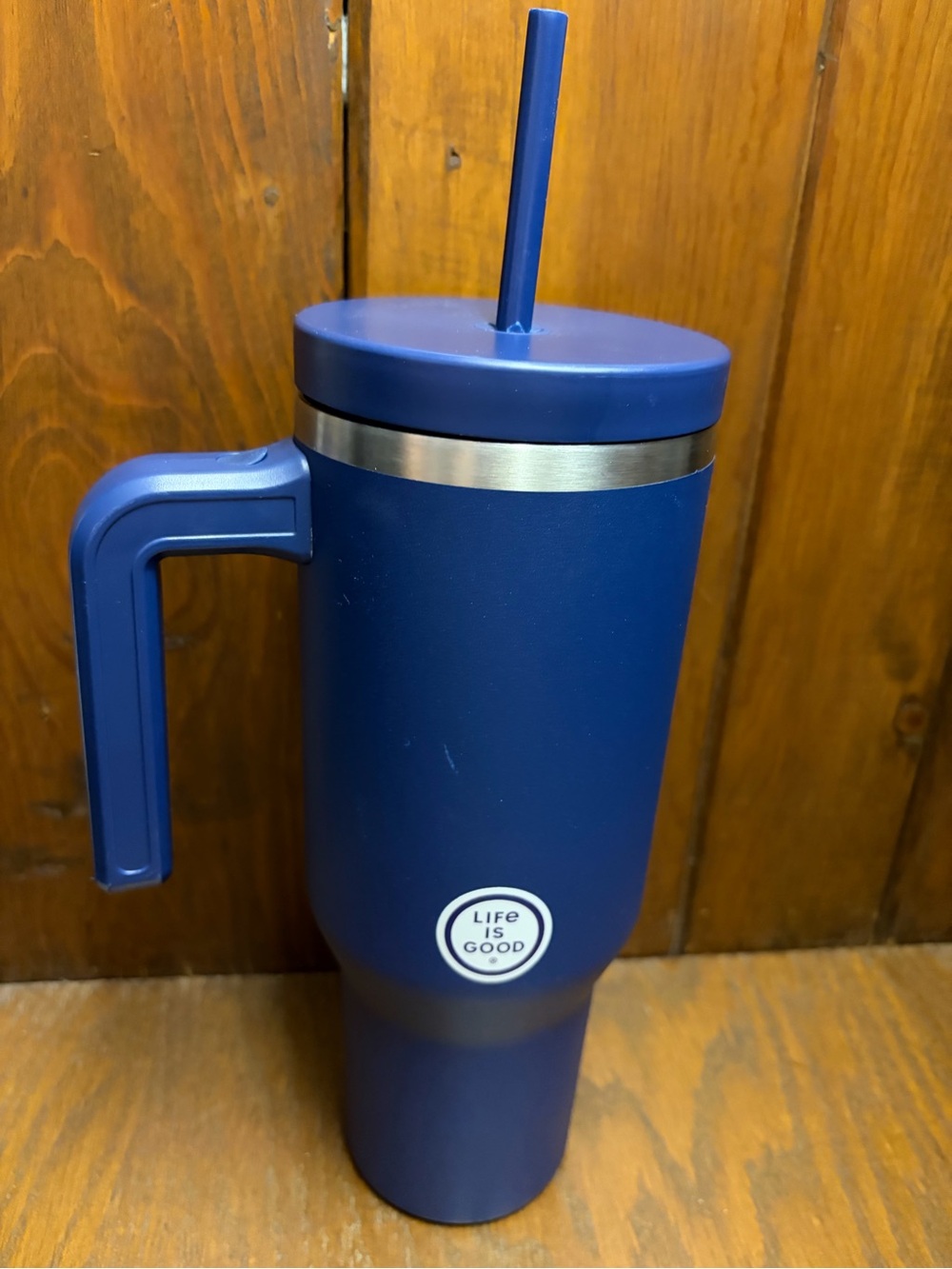Life Is Good Blue Daisy Travel Tumbler with Handle and Straw - Picture 3 of 7